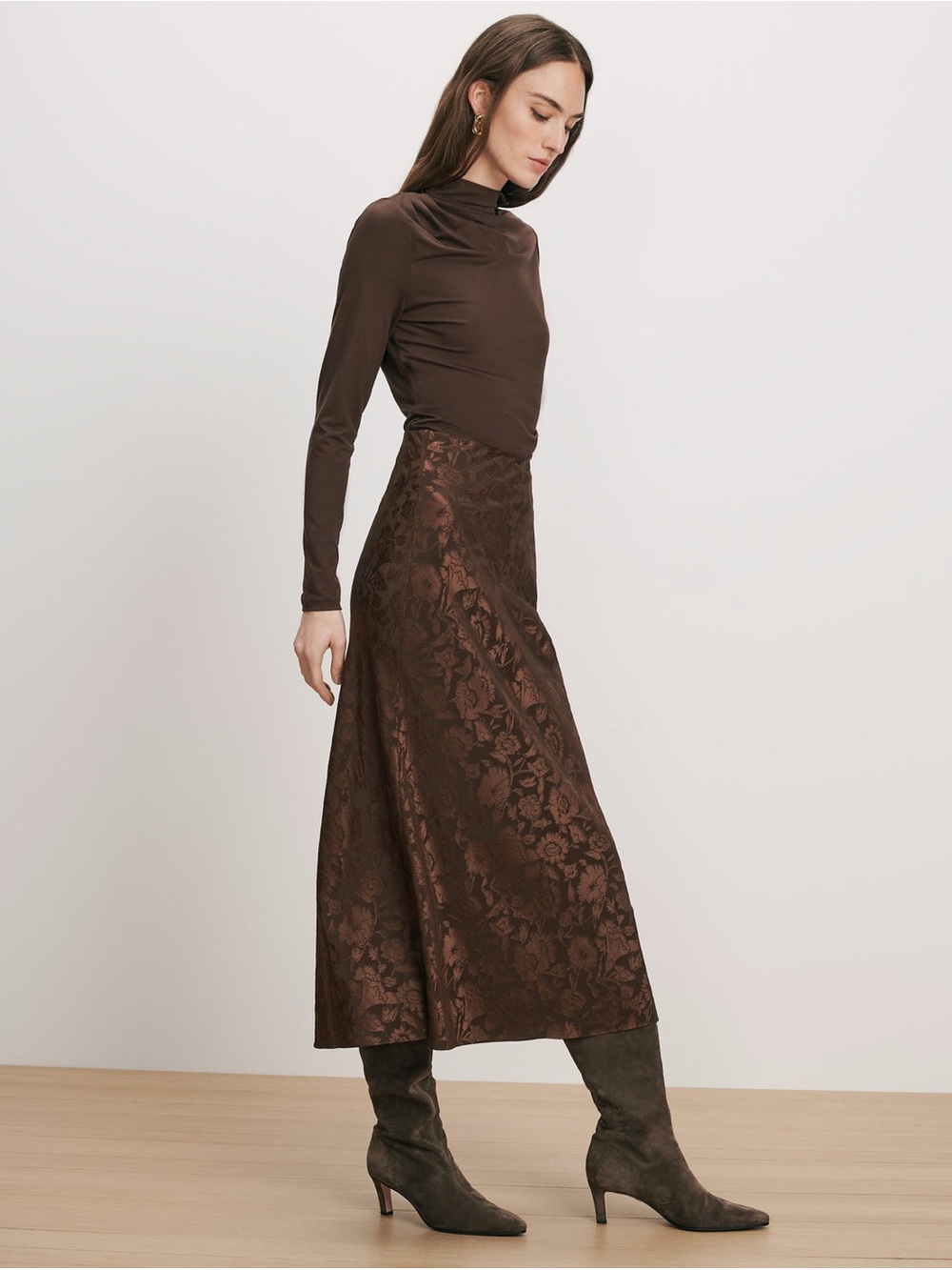 Veronica Beard Brown Floral Jacquard A-Line Maxi Skirt